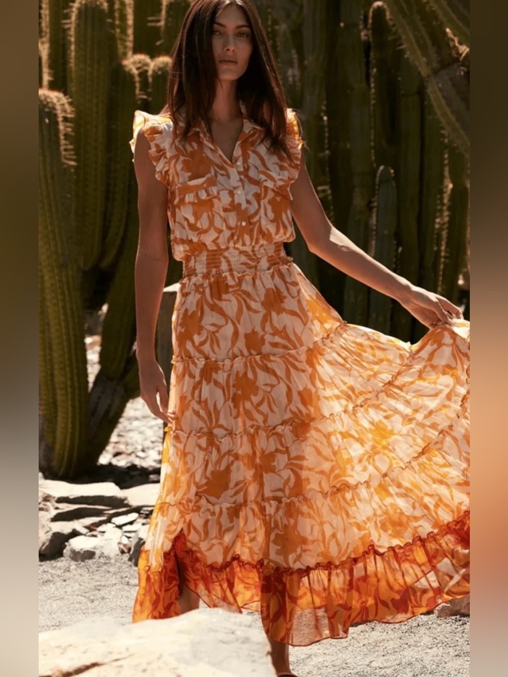 MISA Los Angeles Trina Atlas Floral Ruffle Maxi Dress Orange NWT XS $450